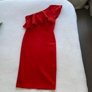 Likely red one shoulder cocktail dress
